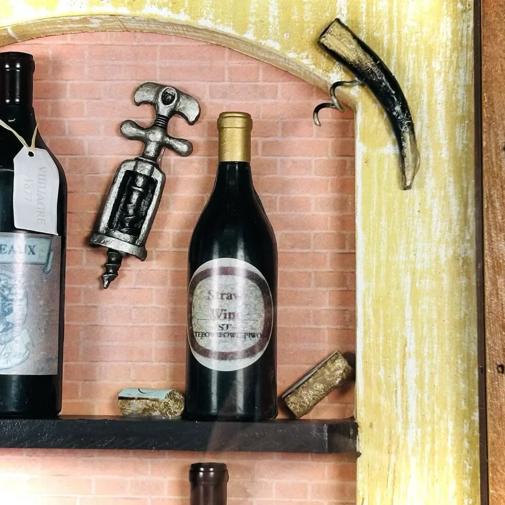 Vintage 3D Wood & Glass Shadow Box Picture Diorama Wine Bottles/Openers Shelves